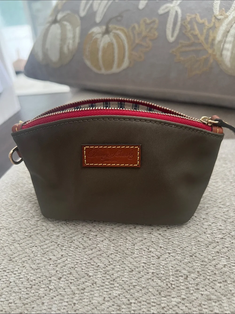 Dooney & Bourke Olive Nylon Cosmetic Pouch with Red Zipper and Leather Logo